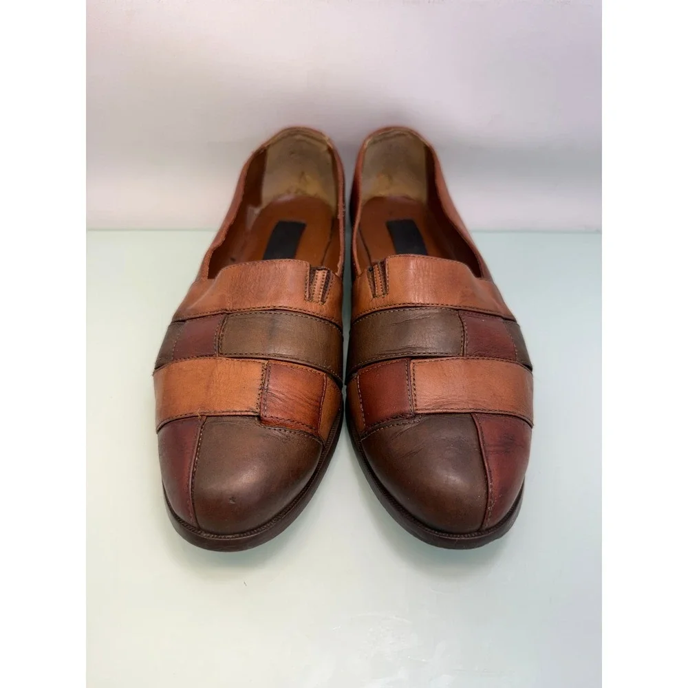 Vintage Colorblock Leather Loafers Women 9.5 Brown Patchwork 90s Retro Eclectic‎